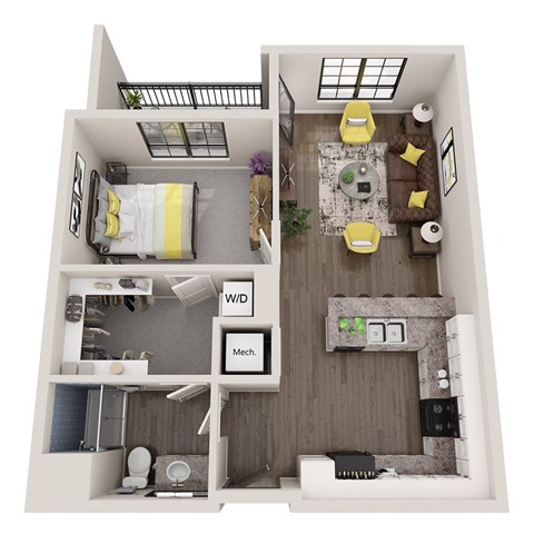 Floor plan for 1 bed, 1 bath, 679 sqft